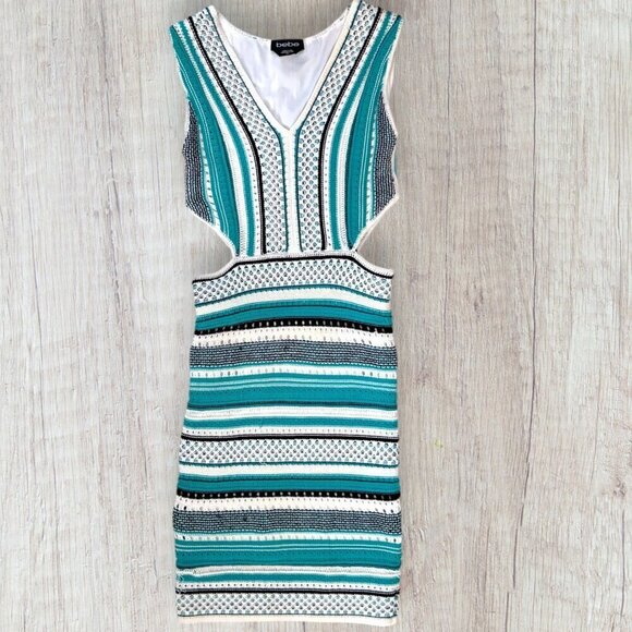 BEBE Sleeveless Knit Cut Out V-Neck Sweater Dress Turquoise White Black Womens S - Picture 1 of 4